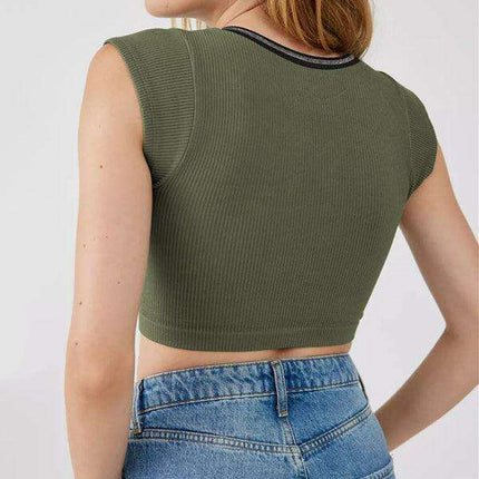 Chic Lace-Up V-Neck Crop Top with Colorful Sleeve Accents