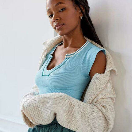 Chic Lace-Up V-Neck Crop Top with Colorful Sleeve Accents