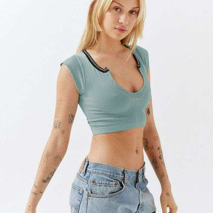 Chic Lace-Up V-Neck Crop Top with Colorful Sleeve Accents