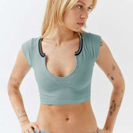 Chic Lace-Up V-Neck Crop Top with Colorful Sleeve Accents