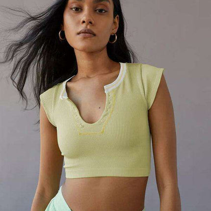 Chic Lace-Up V-Neck Crop Top with Colorful Sleeve Accents