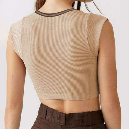 Chic Lace-Up V-Neck Crop Top with Colorful Sleeve Accents