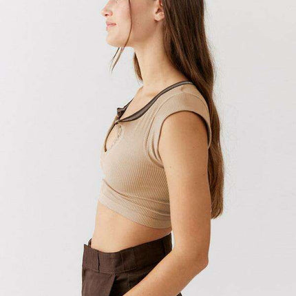 Chic Lace-Up V-Neck Crop Top with Colorful Sleeve Accents