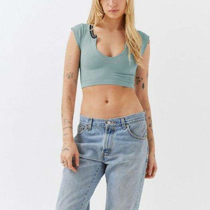 Chic Lace-Up V-Neck Crop Top with Colorful Sleeve Accents