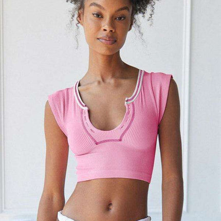 Chic Lace-Up V-Neck Crop Top with Colorful Sleeve Accents