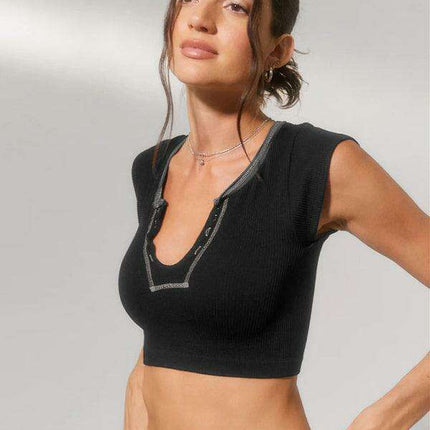 Chic Lace-Up V-Neck Crop Top with Colorful Sleeve Accents