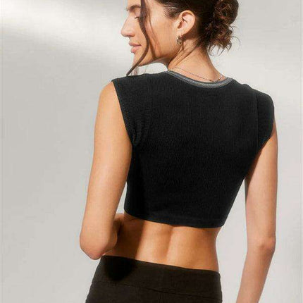 Chic Lace-Up V-Neck Crop Top with Colorful Sleeve Accents