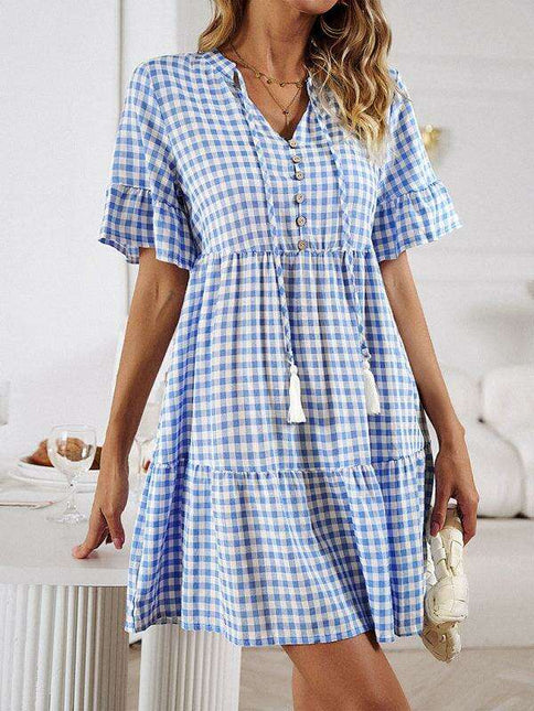 Chic Lattice-Accented Plaid V-Neck Dress - Essential Wardrobe Piece
