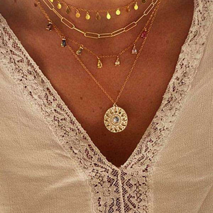 Chic Layered Necklace with Rhinestone Tassel and Geometric Discs - Très Elite