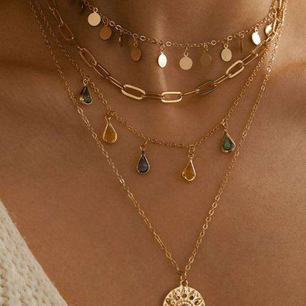 Chic Layered Necklace with Rhinestone Tassel and Geometric Discs - Très Elite
