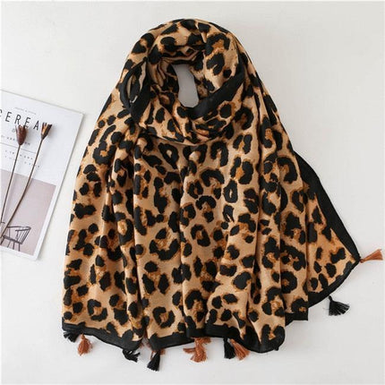 Chic Leopard Print Tassel Viscose Wrap - Très Elite