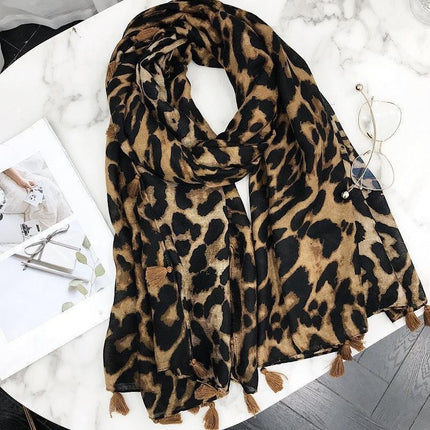 Chic Leopard Print Tassel Viscose Wrap - Très Elite