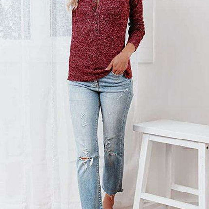 Chic Long Sleeve V-Neck Henley Blouse - Women's Casual Fashion Top - Très Elite