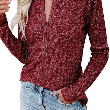 Chic Long Sleeve V-Neck Henley Blouse - Women's Casual Fashion Top