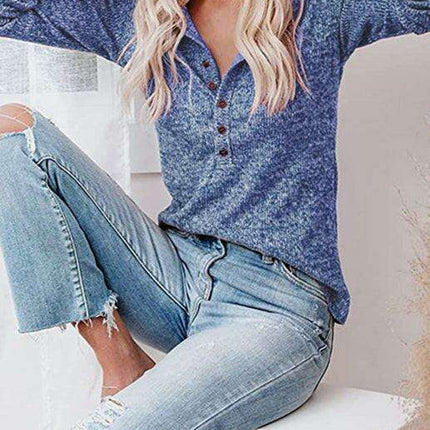 Chic Long Sleeve V-Neck Henley Blouse - Women's Casual Fashion Top - Très Elite