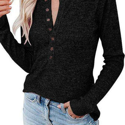 Chic Long Sleeve V-Neck Henley Blouse - Women's Casual Fashion Top