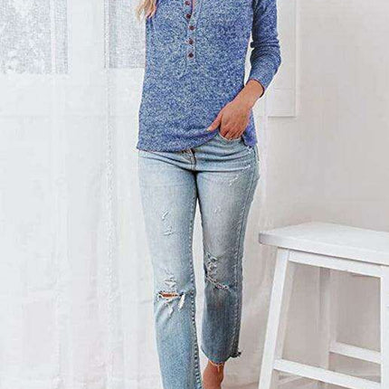 Chic Long Sleeve V-Neck Henley Blouse - Women's Casual Fashion Top - Très Elite