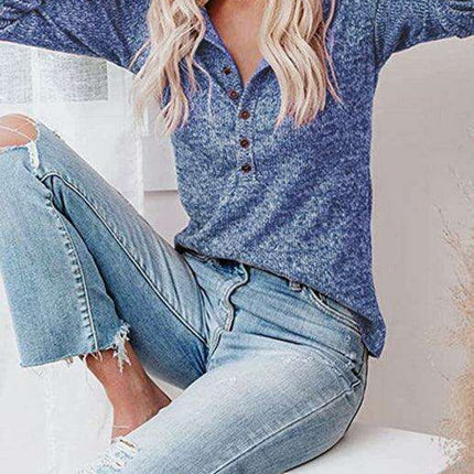 Chic Long Sleeve V-Neck Henley Blouse - Women's Casual Fashion Top - Très Elite