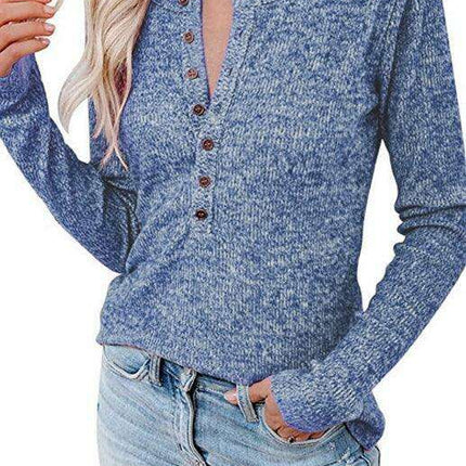 Chic Long Sleeve V-Neck Henley Blouse - Women's Casual Fashion Top - Très Elite