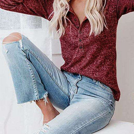 Chic Long Sleeve V-Neck Henley Blouse - Women's Casual Fashion Top - Très Elite