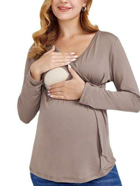 Chic Long-Sleeve V-Neck Maternity Dress for Cozy Autumn-Winter Wear