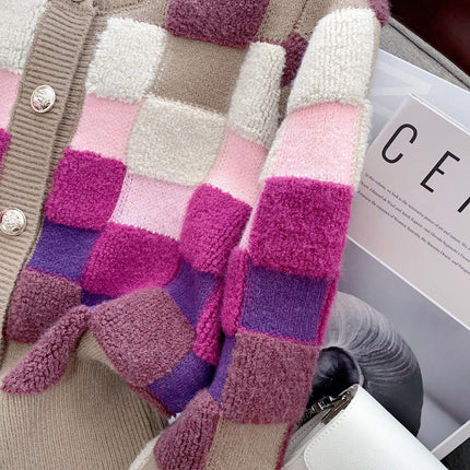 Chic Multicolor Plaid Knit Cardigan with O-neck | Cozy Winter Fashion Sweater - Très Elite