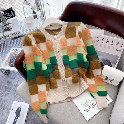 Chic Multicolor Plaid Knit Cardigan with O-neck | Cozy Winter Fashion Sweater - Très Elite