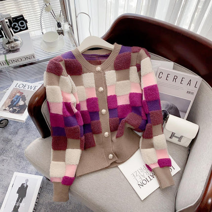 Chic Multicolor Plaid Knit Cardigan with O-neck | Cozy Winter Fashion Sweater - Très Elite
