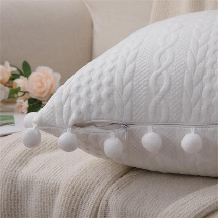 Chic Nordic White Cotton Pompom Pillow Cover - Luxurious Home Decor Accent