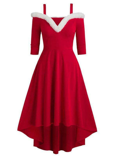 Chic Off-Shoulder Holiday Dress with Asymmetrical Hem