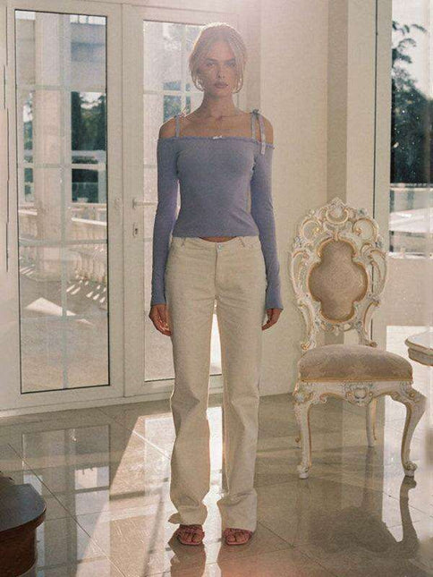 Chic Off-Shoulder Lace Bow Blouse: Fashionable Women's Long-Sleeve Top