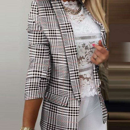 Chic Plaid Open Front Blazer Jacket for Women - Stylish Spring-Summer Essential - Très Elite