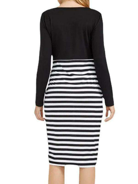 Chic Plus Size Striped Maternity Dress: Long Sleeve Round Neck Ensemble - Must-Have for Autumn and Winter