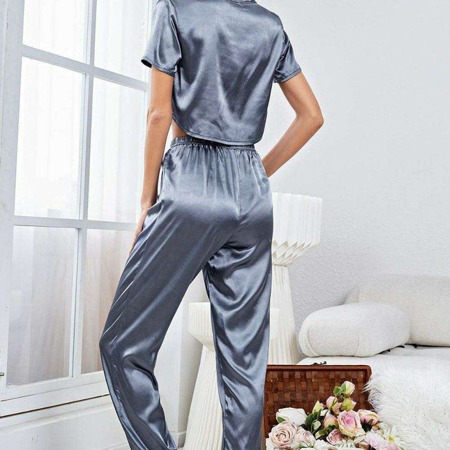 Chic Short-Sleeve Lounge Set with Cropped Top and Jogger Pants