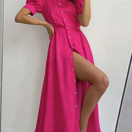 Chic Single-Breasted Midi Dress with Trendy Slit Detail - Essential Women's Fashion Piece