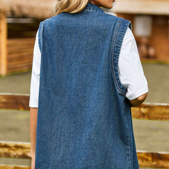 Chic Sleeveless Denim Vest with Collared Design and Functional Pockets - Très Elite