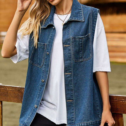 Chic Sleeveless Denim Vest with Collared Design and Functional Pockets - Très Elite