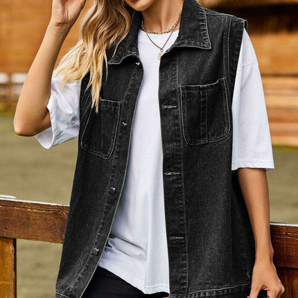 Chic Sleeveless Denim Vest with Collared Design and Functional Pockets - Très Elite