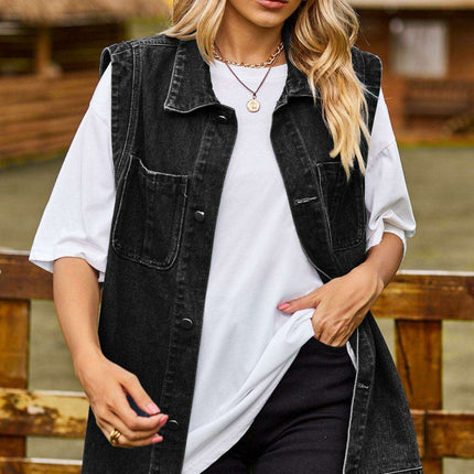 Chic Sleeveless Denim Vest with Collared Design and Functional Pockets - Très Elite