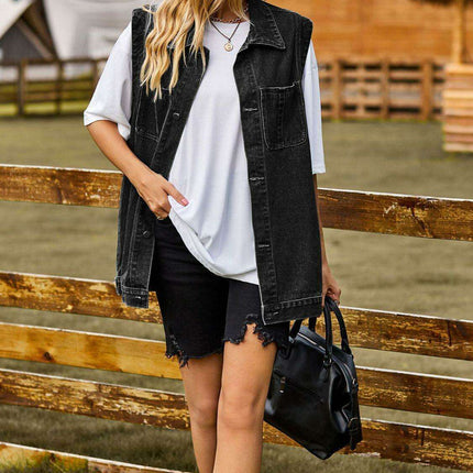 Chic Sleeveless Denim Vest with Collared Design and Functional Pockets - Très Elite