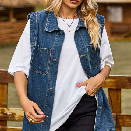 Chic Sleeveless Denim Vest with Collared Design and Functional Pockets - Très Elite