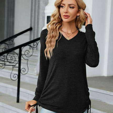 Chic Smocked V-Neck Long Sleeve Casual Blouse