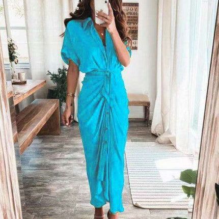 Chic Solid Color Pleated Short Sleeve Dress - Trendy Women's Fashion Essential - Très Elite