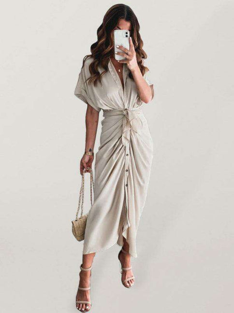 Chic Solid Color Pleated Short Sleeve Dress - Trendy Women's Fashion Essential