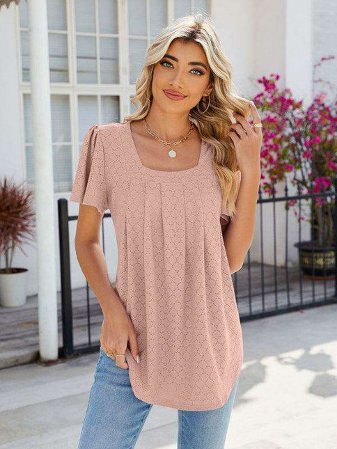 Chic Square Neck Bell Sleeve Pleated Top - Women's Fashionable and Comfortable T-Shirt