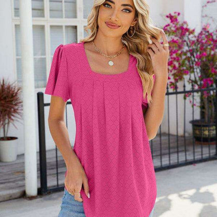 Chic Square Neck Bell Sleeve Pleated Top - Women's Fashionable and Comfortable T-Shirt