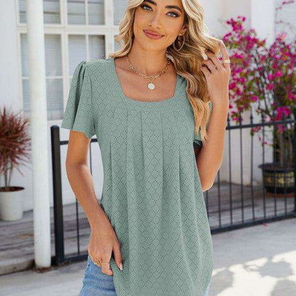 Chic Square Neck Bell Sleeve Pleated Top - Women's Fashionable and Comfortable T-Shirt