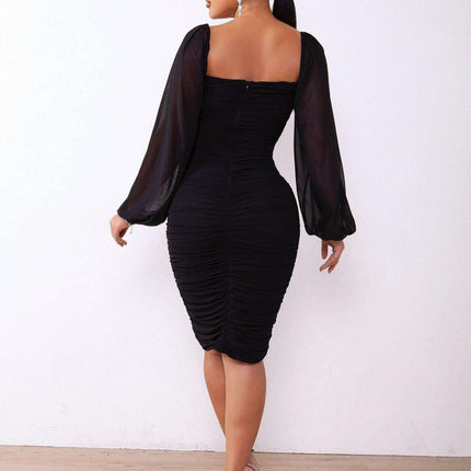 Chic Square Neck Ruched Bodycon Dress with Elegant Zip-Back