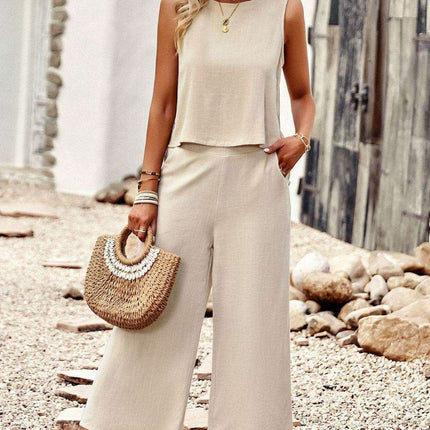 Chic Summer Sleeveless Tank and Flowing Wide-Leg Pants Ensemble