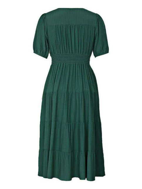 Chic V-Neck Dress with Decorative Waist Accents - Women's Fashion Essential